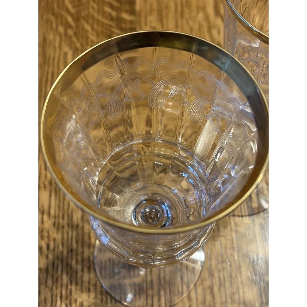 3 Vintage Tiffin-Franciscan 14196-6 Wine Water Goblet Stem Glass Etched Gold Rim